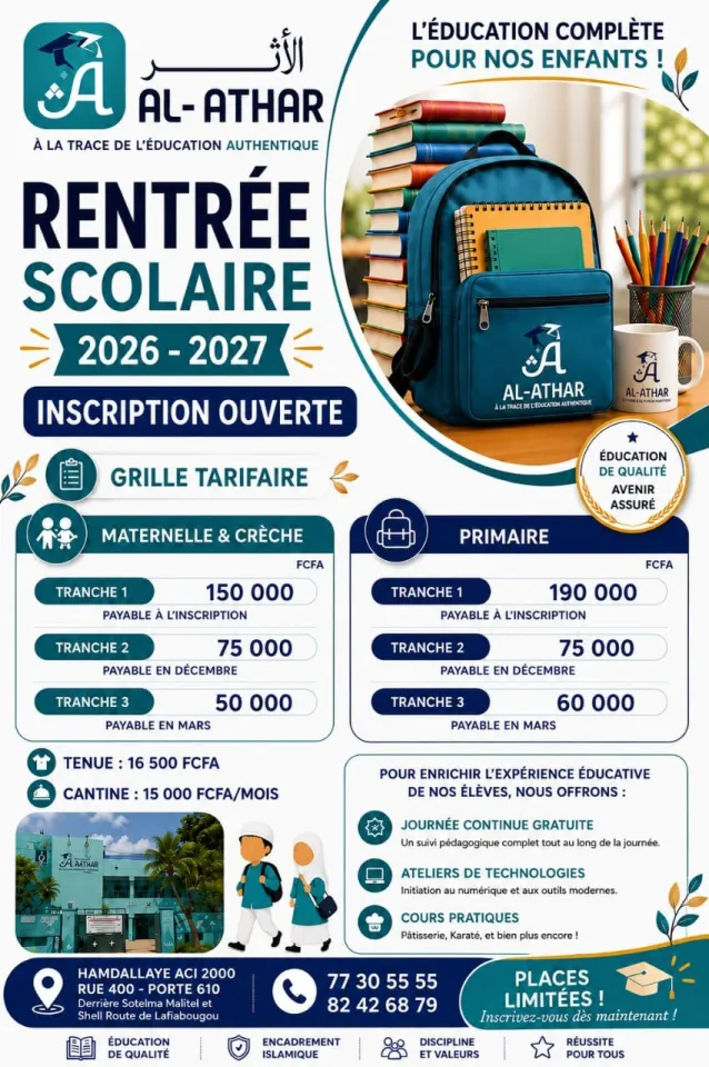Affiche de la rentrée scolaire 2026–2027 : inscription ouverte, grille tarifaire, services et coordonnées