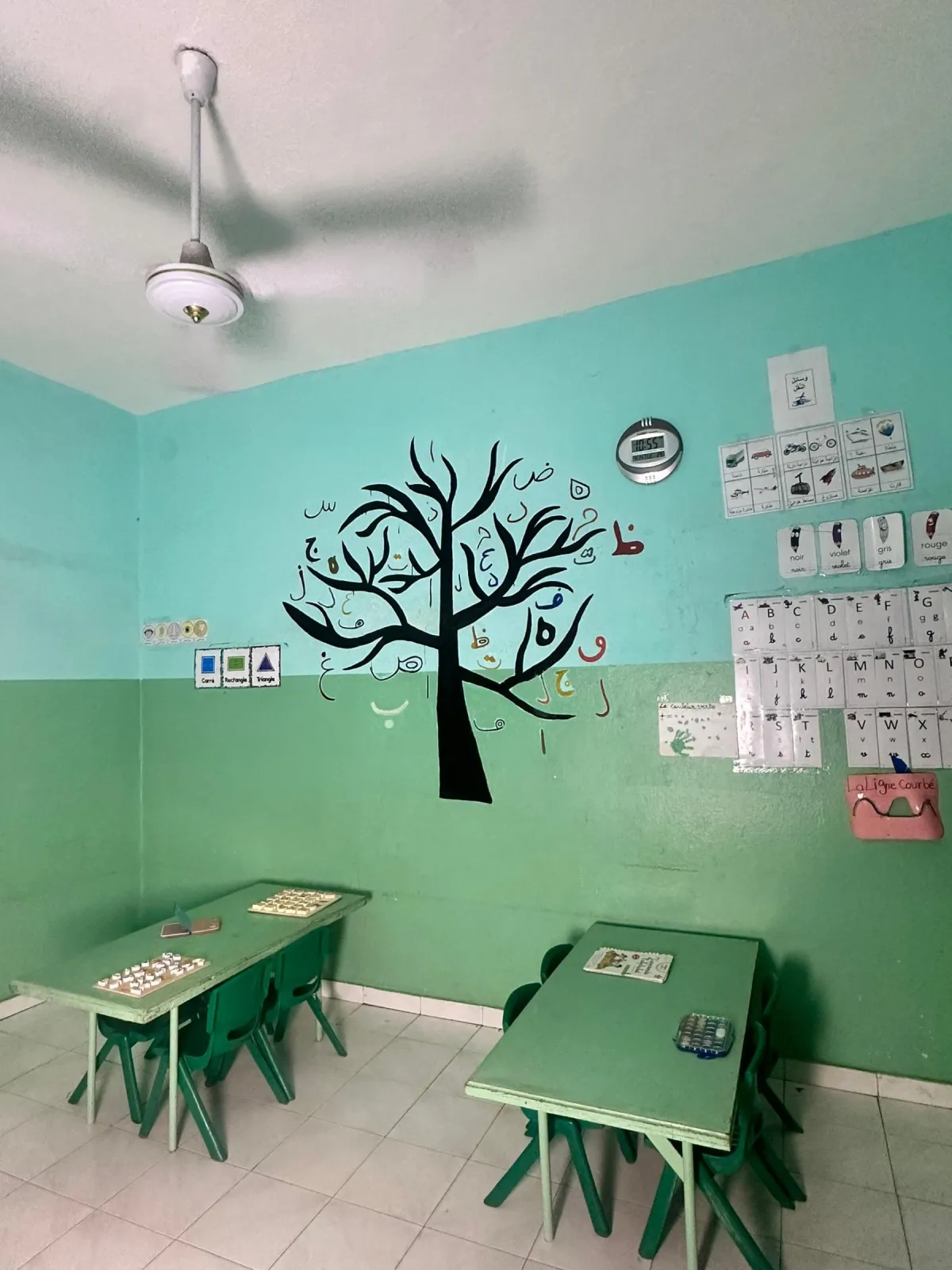 Vue d'ensemble d'une salle de classe : arbre de l'alphabet arabe, affiches en français et en arabe, tables et chaises vertes
